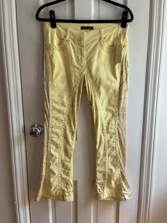 Roberto Cavalli Pants - Roberto Cavalli Archival 2004 Yellow Linen Silk Paisley Flare Pants, Medium, NWT